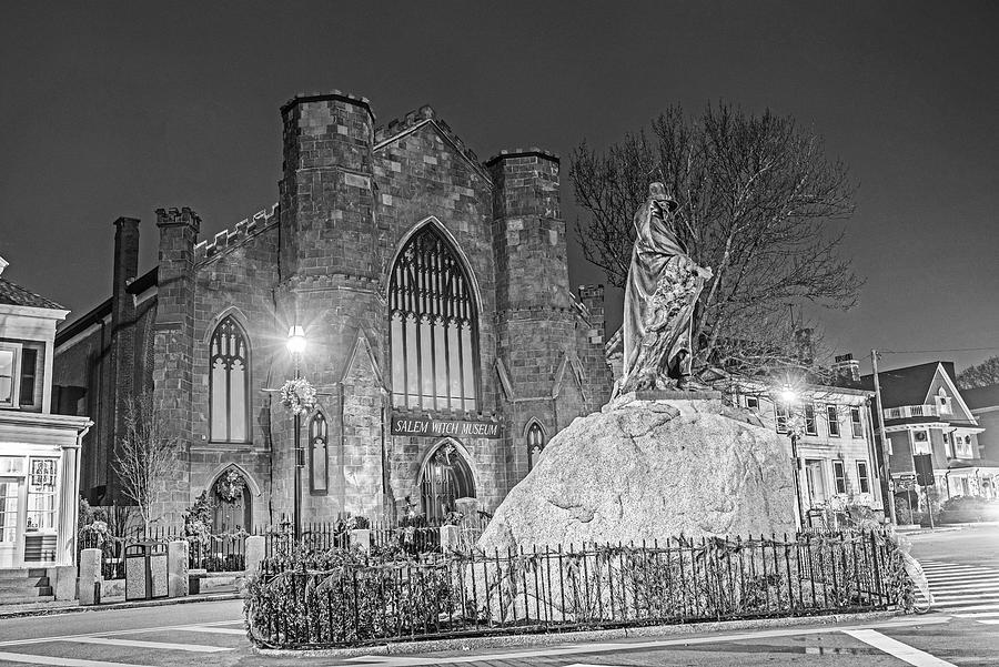 Christmas in Salem MA Washington Park Salem Witch Museum Statue Black and White Photograph by Toby McGuire