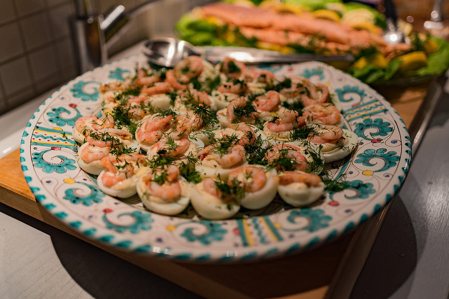 Christmas in Sweden - Egg halves with shrimp and dill mayonnaise Photograph by Malcolm P Chapman