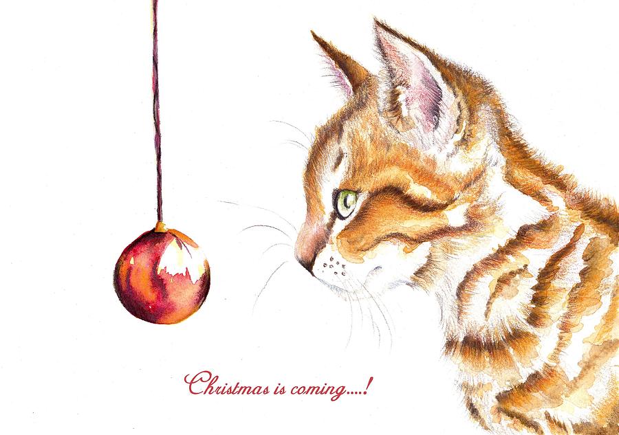Tabby Cat and Bauble - Christmas IS Coming 1 Painting by Debra Hall