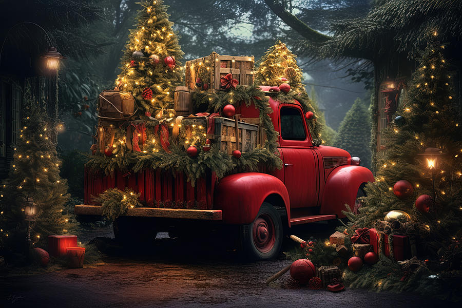 Red Truck Painting - Christmas Joy in the Amazon by Lourry Legarde
