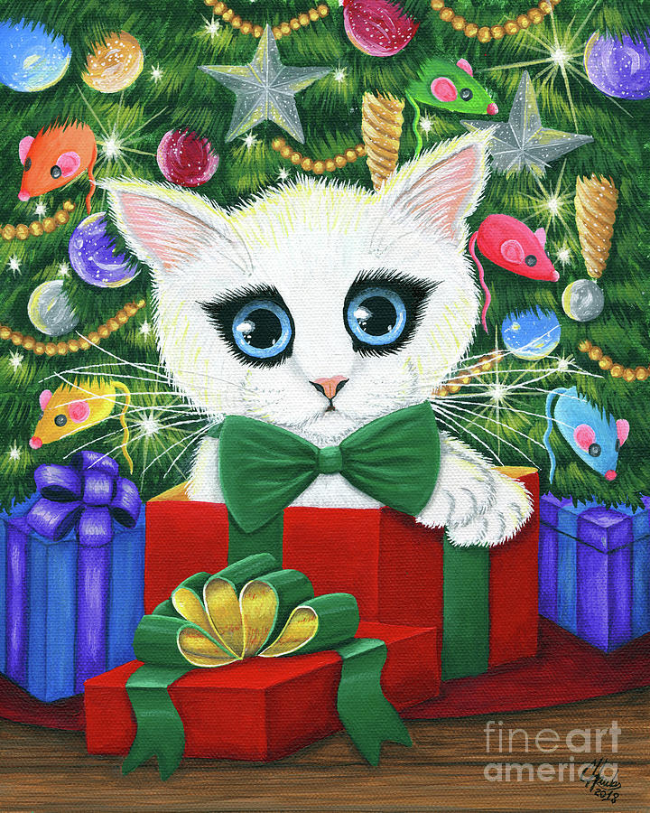Christmas Kitten Boy - White Cat Present Painting by Carrie Hawks