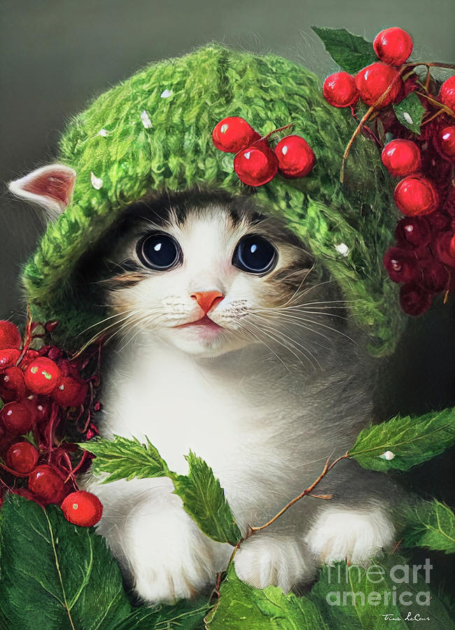 Christmas Kitten Painting by Tina LeCour
