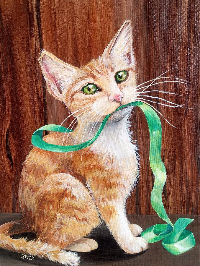 Christmas Kitten With Green Ribbon Painting by Sonya Allen