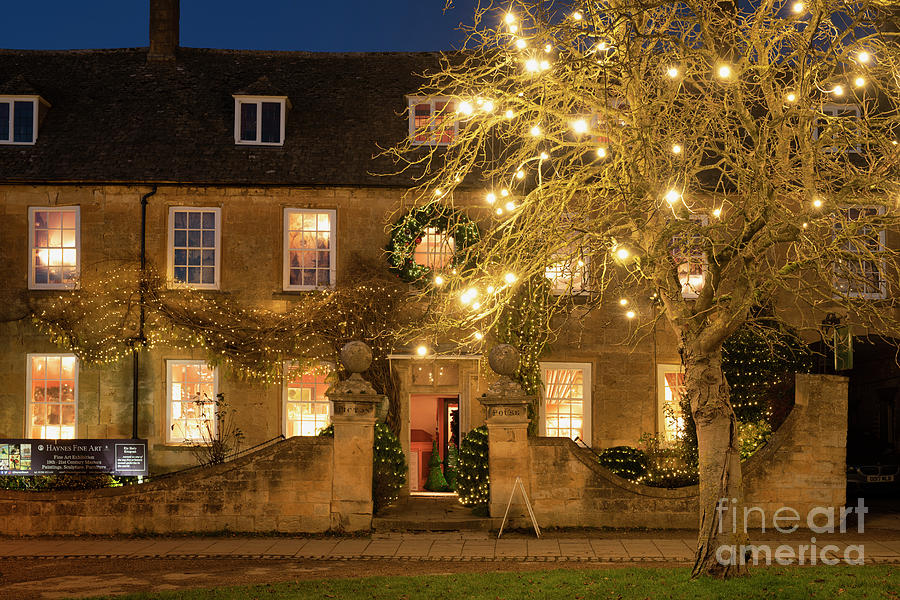 Christmas Lights at Dusk in Broadway Cotswolds Photograph by Tim Gainey