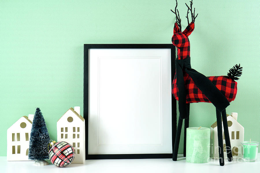 Christmas Modern Farmhouse Style Buffalo Plaid Decorations Frame Mockup Photograph by Milleflore Images