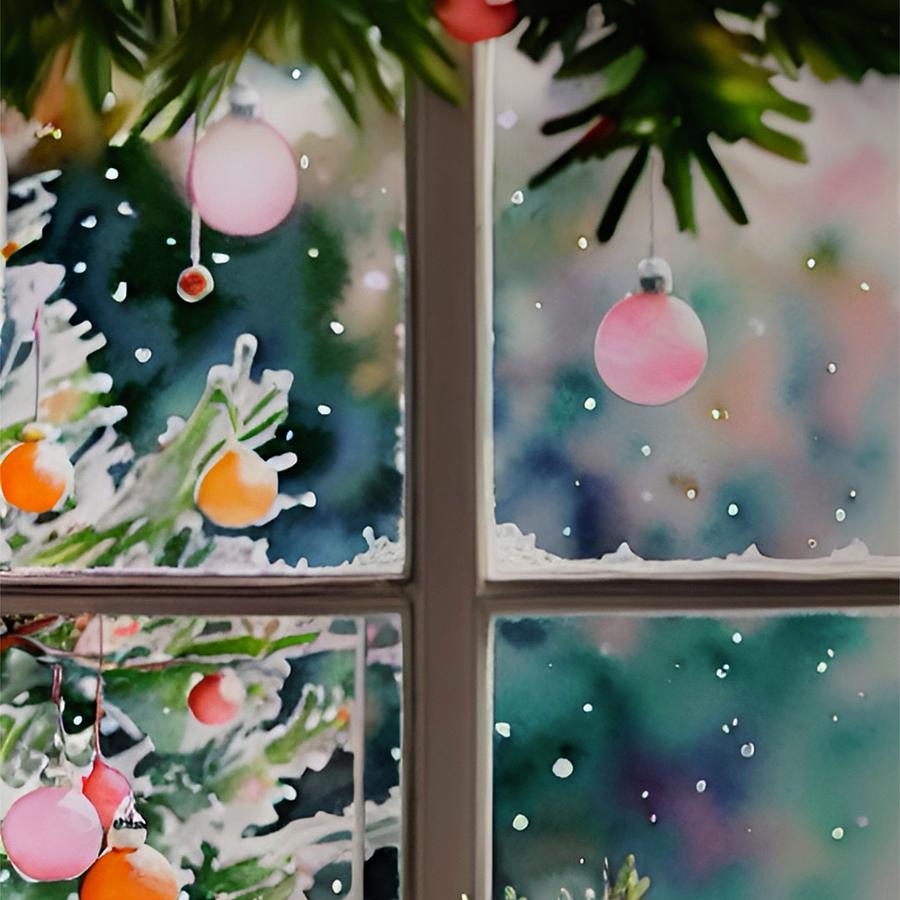 Christmas Morn - windowpane, snowfall, Christmas decor Painting by Bonnie Bruno