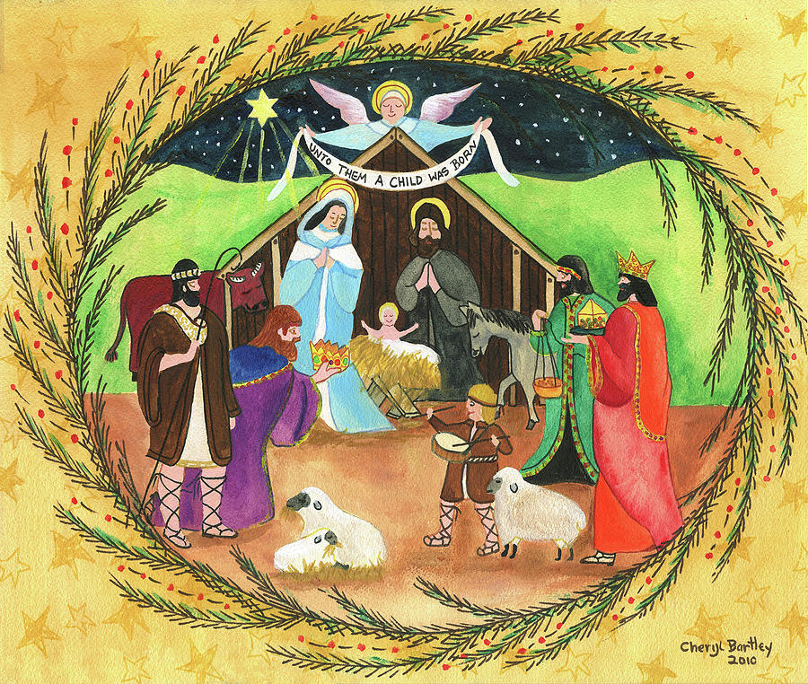 Christmas Nativity Scene with Manger and Angel Painting by Cheryl