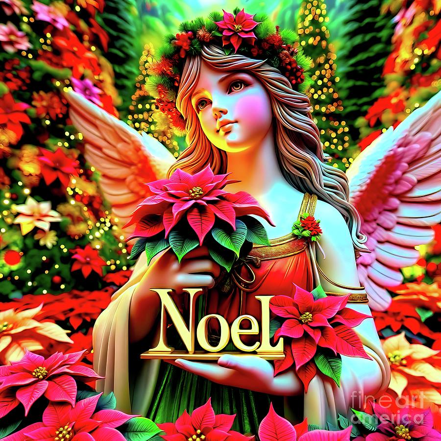 Christmas Noel Angel in a Pine Forest Surrounded by Poinsettias Liquid Color For Charity Digital Art by Rose Santuci-Sofranko