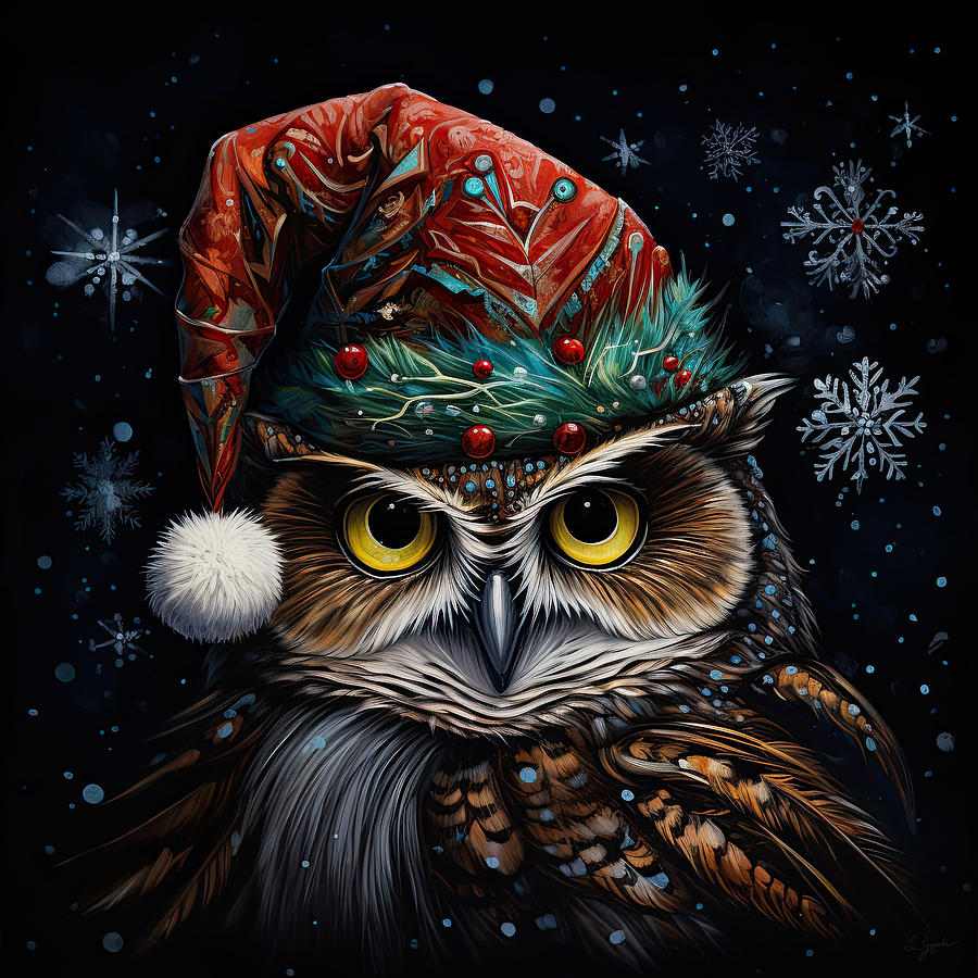 Christmas Owl Portrait Painting by Lourry Legarde