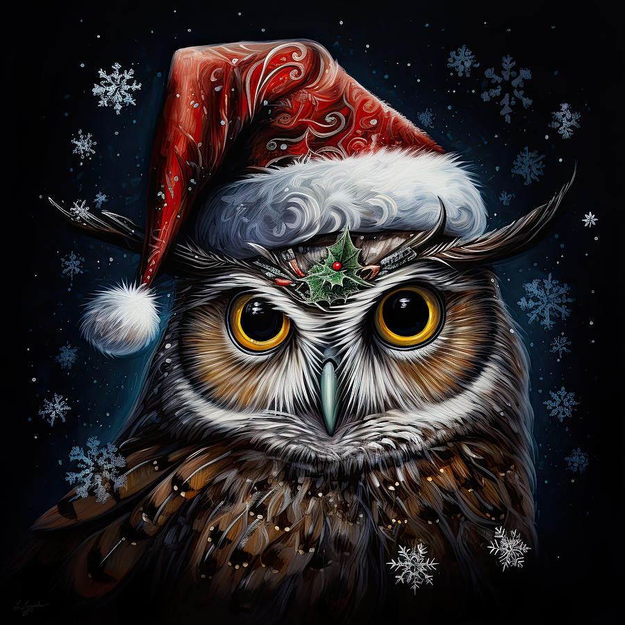 Christmas Owl Painting - Christmas Owl With Santa Hat by Lourry Legarde