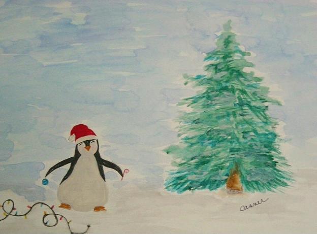Christmas Penguin Painting by Colleen Casner
