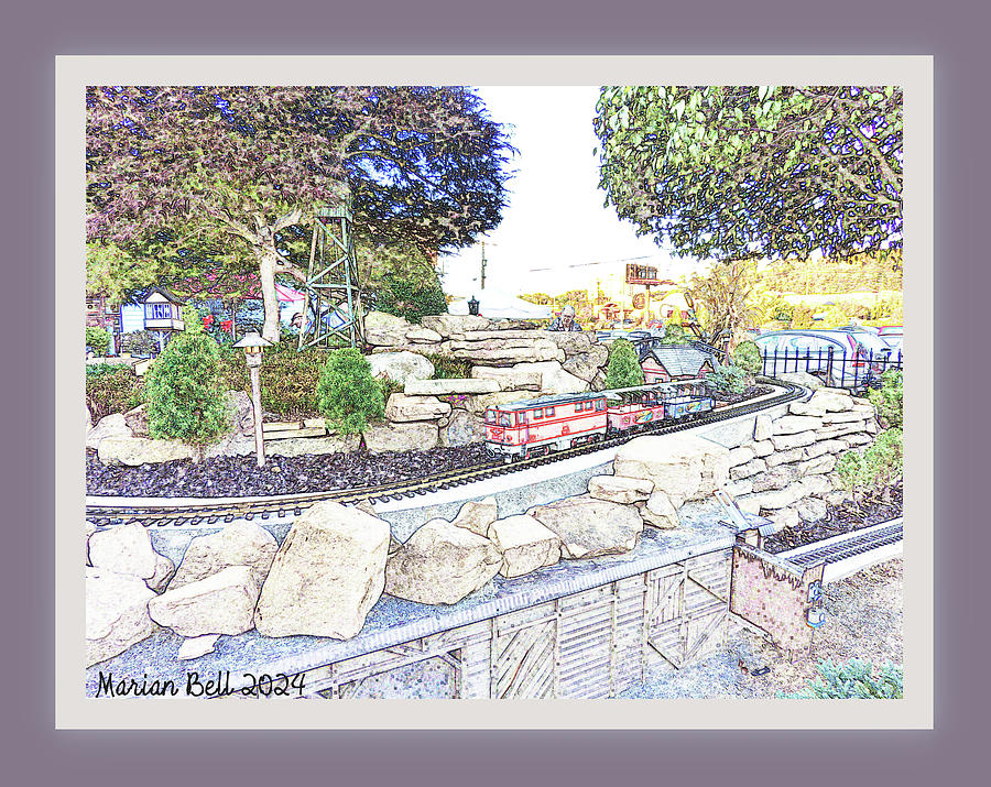 Christmas Place Railroad 7 - The Train Chugs Along in Colored Pencil - Framed Digital Art by Marian Bell