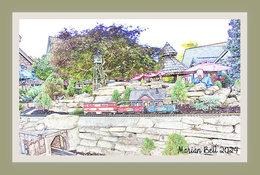 Christmas Place Railroad 8  - The Train in Colored Pencil - Framed Digital Art by Marian Bell