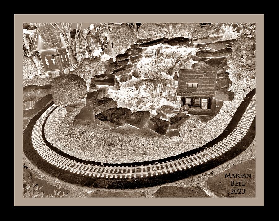Christmas Place Railroad 9 - Railroad Tracks and Waterfall - Black and White - Framed Digital Art by Marian Bell