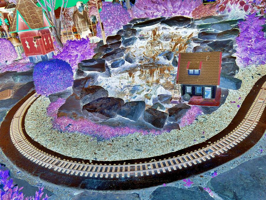 Christmas Place Railroad 9 - Railroad Tracks and Waterfall - Color Invert Digital Art by Marian Bell
