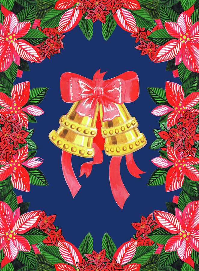 Christmas Poinsettia Golden Bells Red Bow Holiday Watercolor  Painting by Irina Sztukowski