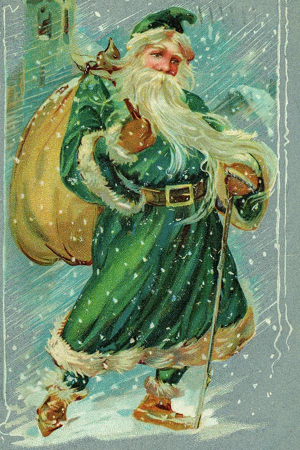 Christmas Drawing - Christmas postcard with Santa Claus wearing green robes by Missouri History Museum