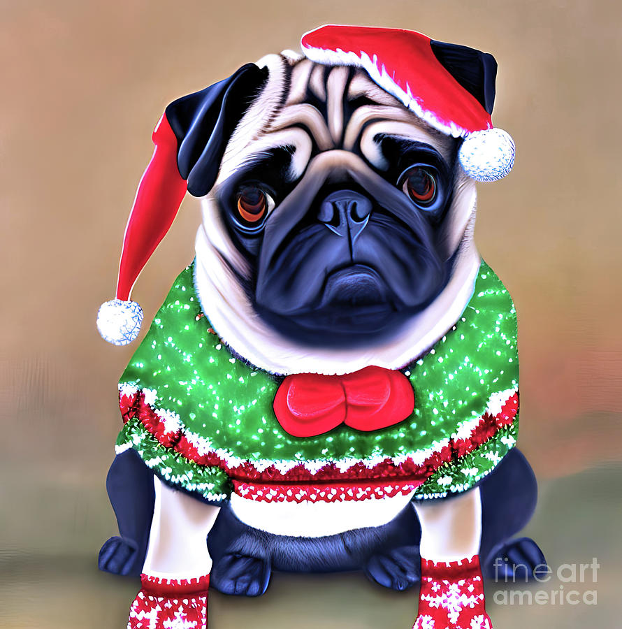 Christmas Pug  Digital Art by Elaine Manley