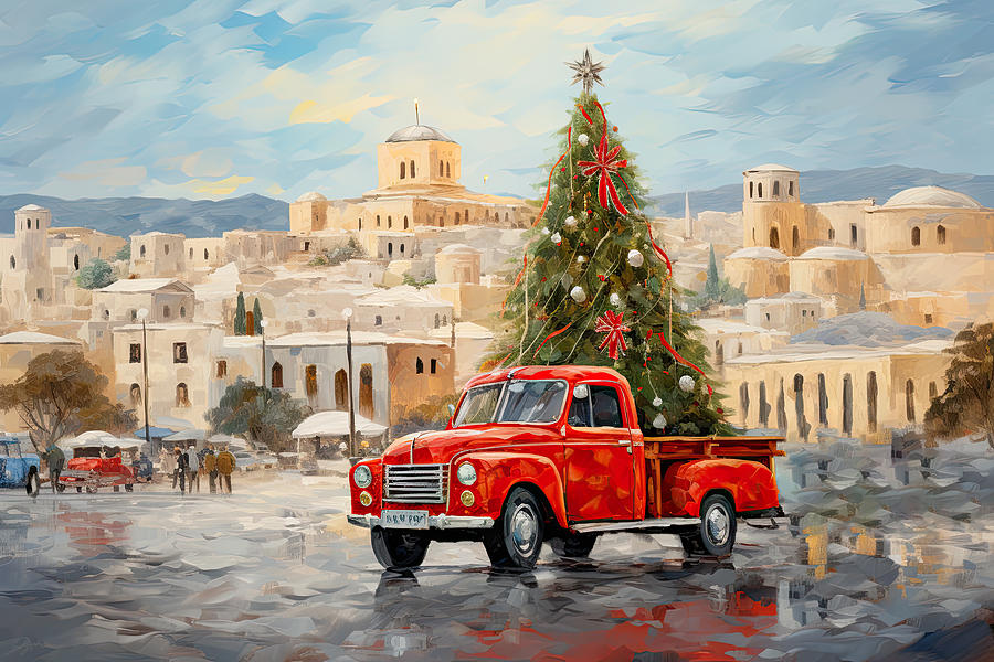 Christmas Red Truck at the Acropolis Painting by Lourry Legarde