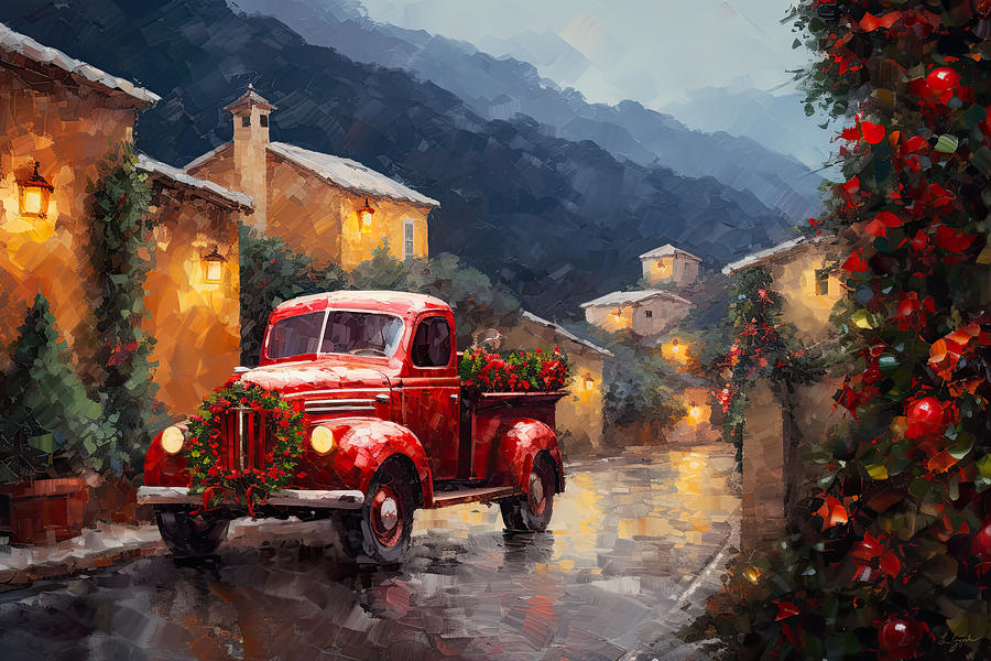Red Truck Painting - Christmas Red Truck in Tuscany by Lourry Legarde