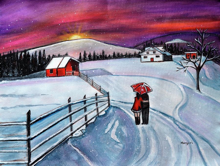 Christmas Romance in the  snow acrylic winter painting Painting by Manjiri Kanvinde