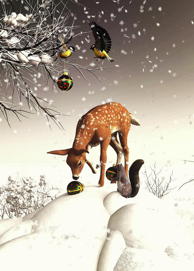 Christmas scene with a deer and squirrels Digital Art by Jan Keteleer