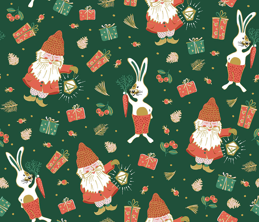 Christmas Seamless Pattern, Gnome And Bunny Funny Holiday Background. Drawing