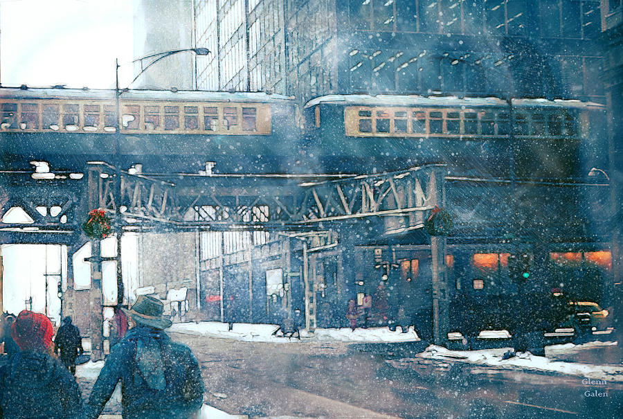 Christmas Shopping - Wabash Ave 1970s Painting by Glenn Galen