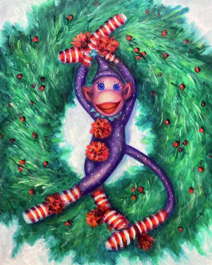Christmas Sock Monkey Elf Painting by Shannon Grissom