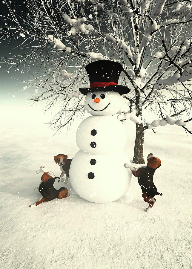 Christmas time with a snowman and little dogs Digital Art by Jan Keteleer