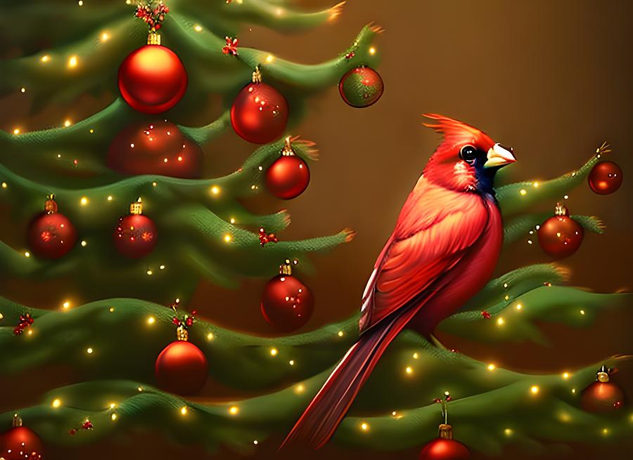 Christmas Tree Cardinal  Digital Art by Beverly Read