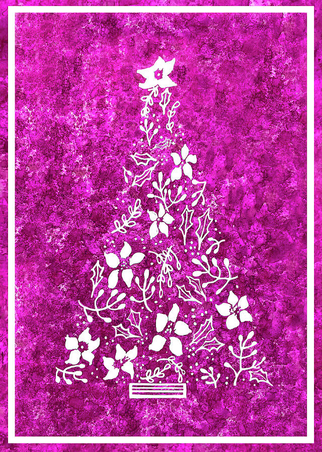 Christmas Tree In White On Pink Bokeh Background Painting by Deborah League