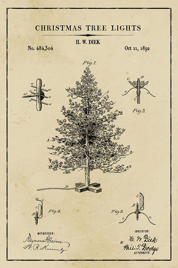 Christmas Tree Lights Blueprint Patent on Aged Paper Digital Art by Florian Rodarte