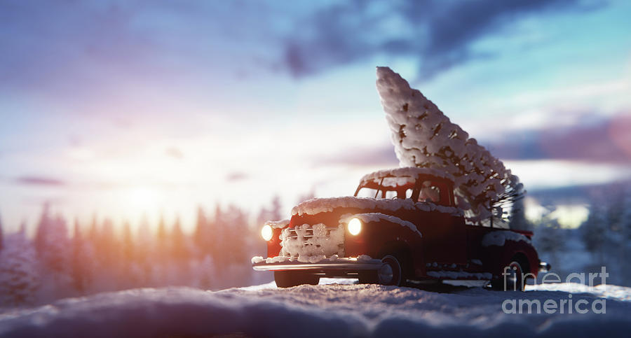 Christmas Photograph - Christmas tree on retro toy car trunk in snow winter scene by Michal Bednarek
