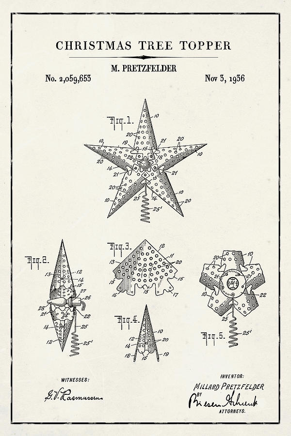 Christmas Tree Topper Blueprint Patent on Ivory Paper Digital Art by