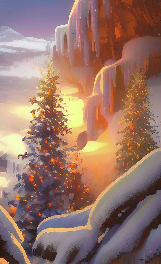 Christmas Tree Under Icy Rocks At Sunrise Digital Art