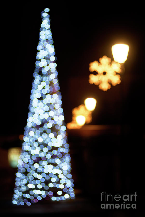 Christmas Tree With Lights Bokeh Background. Christmas Eve. Photograph