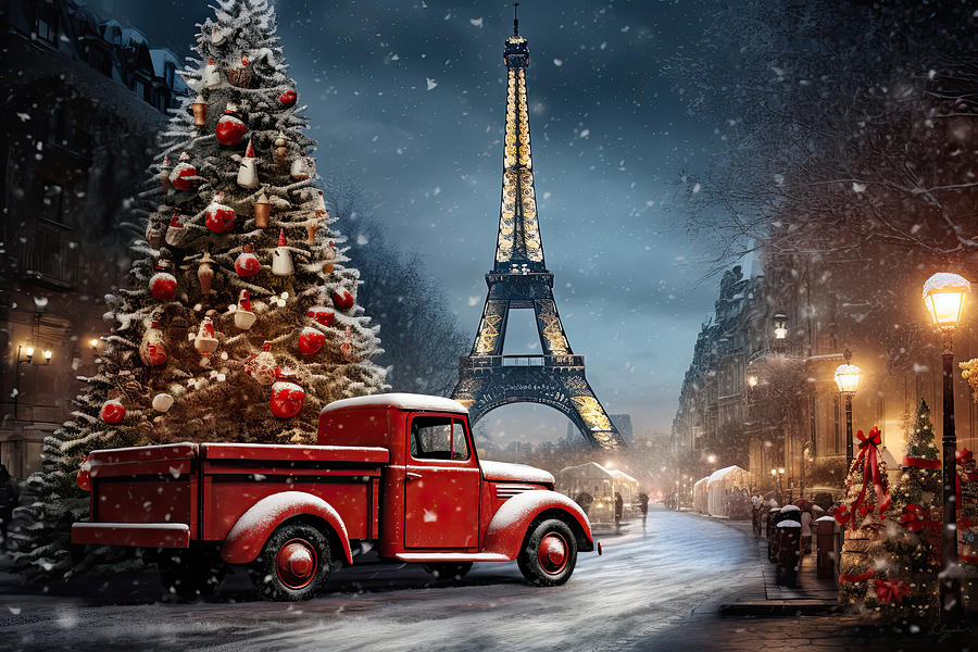 Red Truck Painting - Christmas Truck in Paris at Night by Lourry Legarde