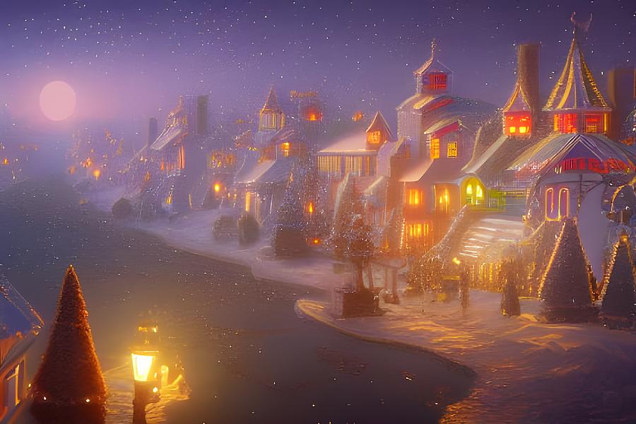 Christmas Village with Lamppost Digital Art by Beverly Read