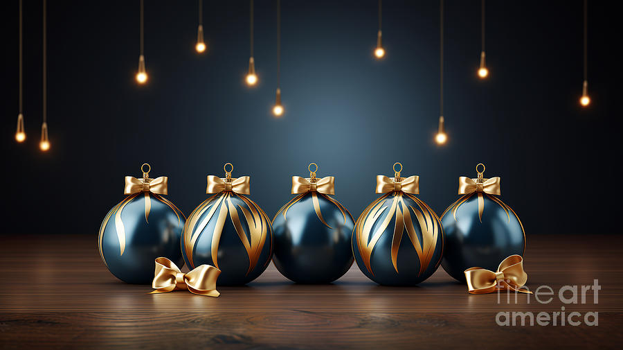 Christmas wallpaper with gilded Christmas balls and hanging light bulbs in the background Digital Art by Odon Czintos