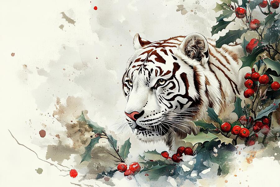 Christmas White Tiger Art Painting by Lourry Legarde Christmas White Tiger Art Painting by Lourry Legarde