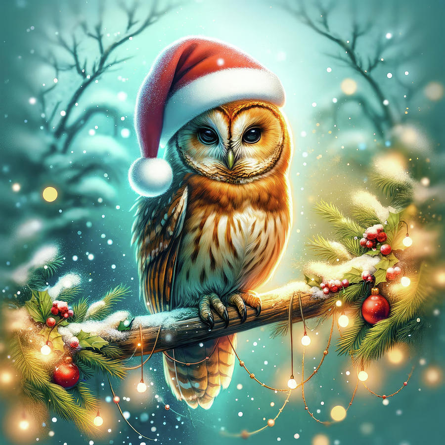 Owl Digital Art - Christmas Winter Owl with Santa Hat 01 by Matthias Hauser