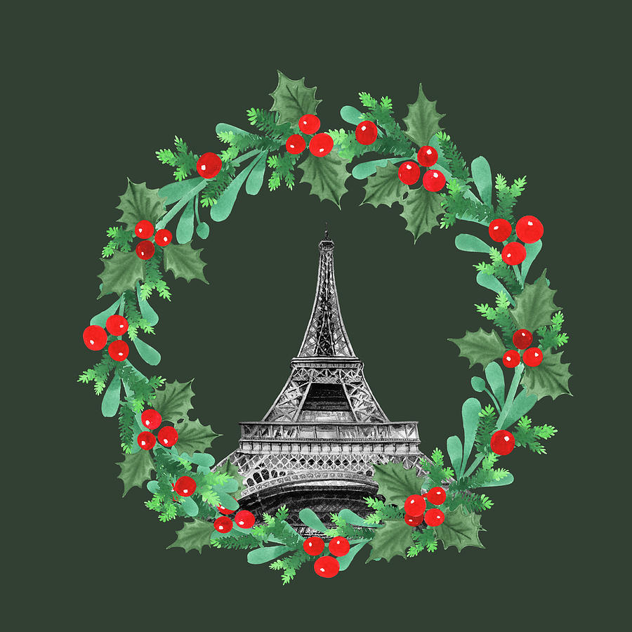 Christmas Wreath And Eiffel Tower Paris Holidays Watercolor  Painting by Irina Sztukowski
