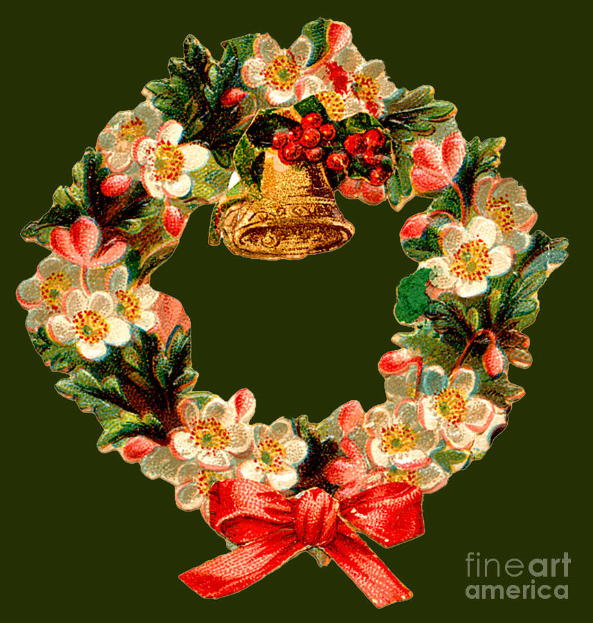 Christmas Wreath With Blooms And Gold Bell Painting