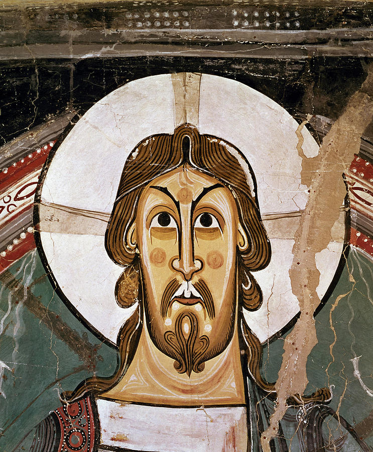Christs Face. Detail from the mural on the apse of San Clemente de Tahull. Romanesque art. Painting by Maestro De Tahull -siglo Xii-