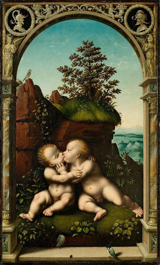 Kissing Painting -  Christus en Johannes de Doper als kinderen Holy Infants Kissing by Joos van Cleve