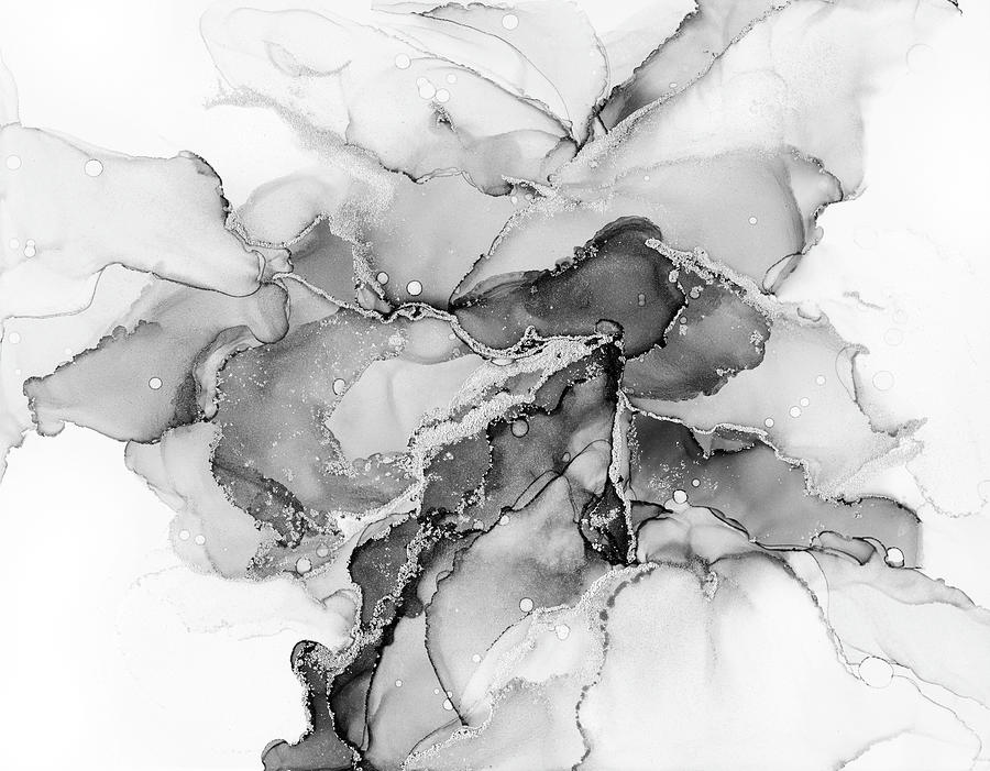 Black And White Painting - Chrome Silver Abstract Ink Flow by Olga Shvartsur