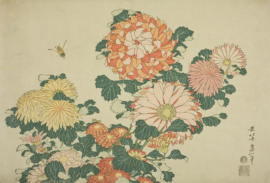 Chrysanthemums and Bee, from an untitled series of Large Flowers Relief by Katsushika Hokusai