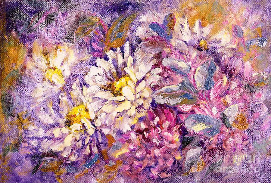 Chrysanthemums and Gum Leaves Painting by Ryn Shell