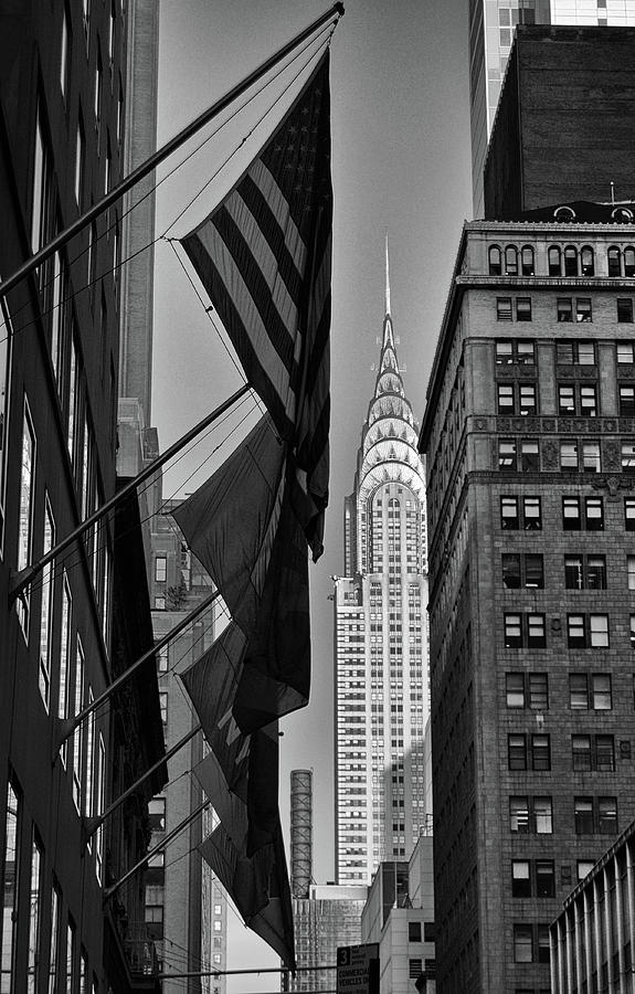Chrysler Building and Flags Manhattan New York City Black and White Photograph by Shawn OBrien
